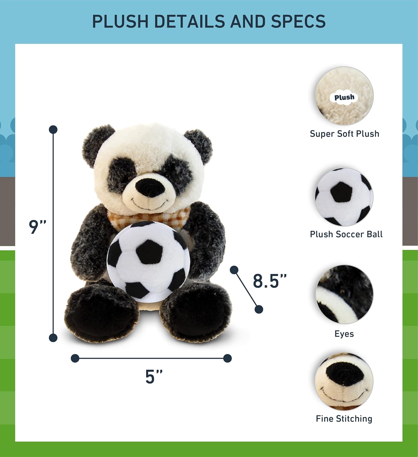 DolliBu Sitting Panda Stuffed Animal with Soccer Ball - Soft Huggable Panda Plush Toy, Adorable Playtime Plush, Cute Wildlife Gift for Kids and Adults - 9 Inches