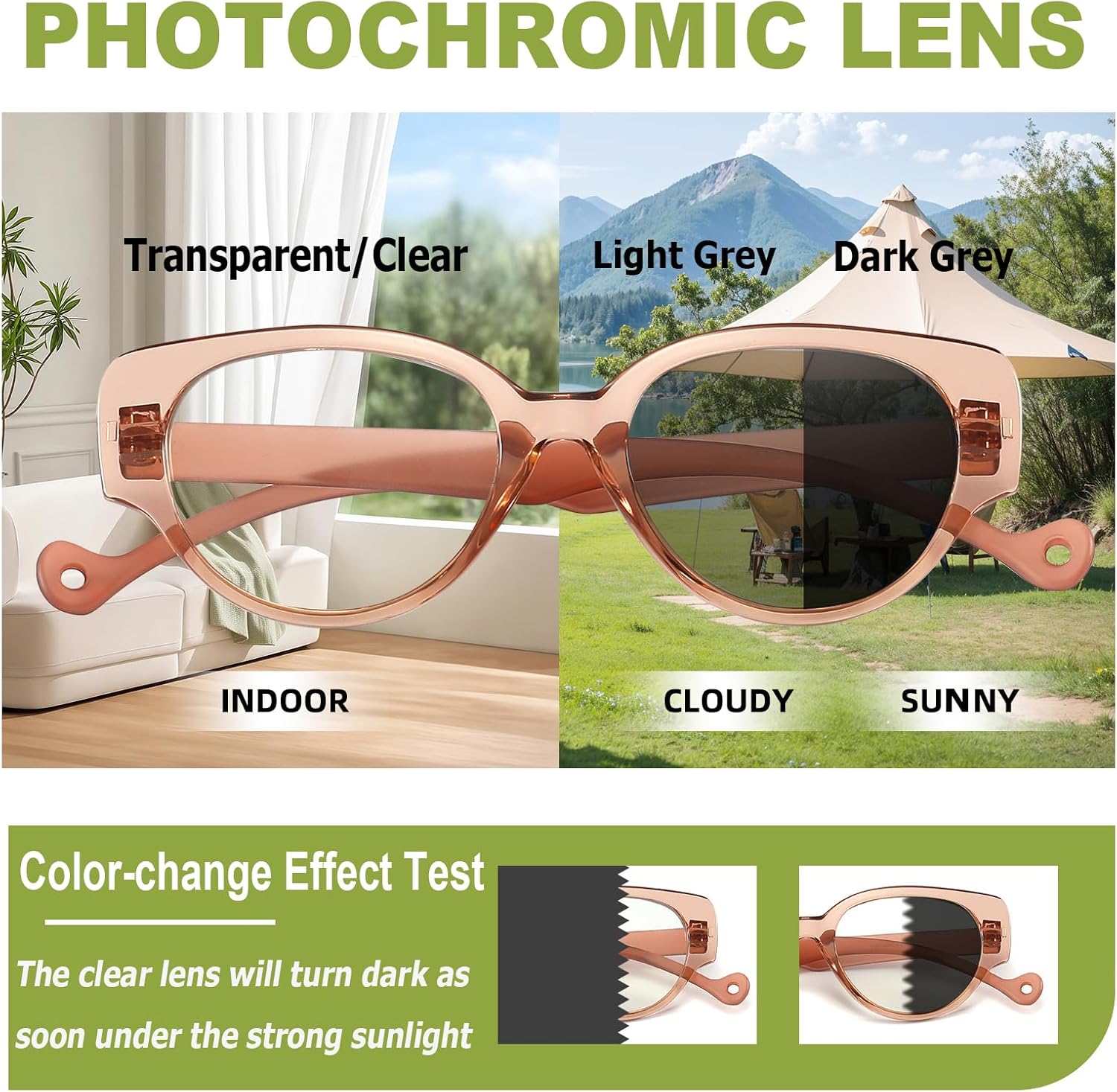 Photochromic Blue Light Blocking Reading Glasses for Women, Stylish TR90 Cateye Sun Readers Anti UV Ray Glare Filter