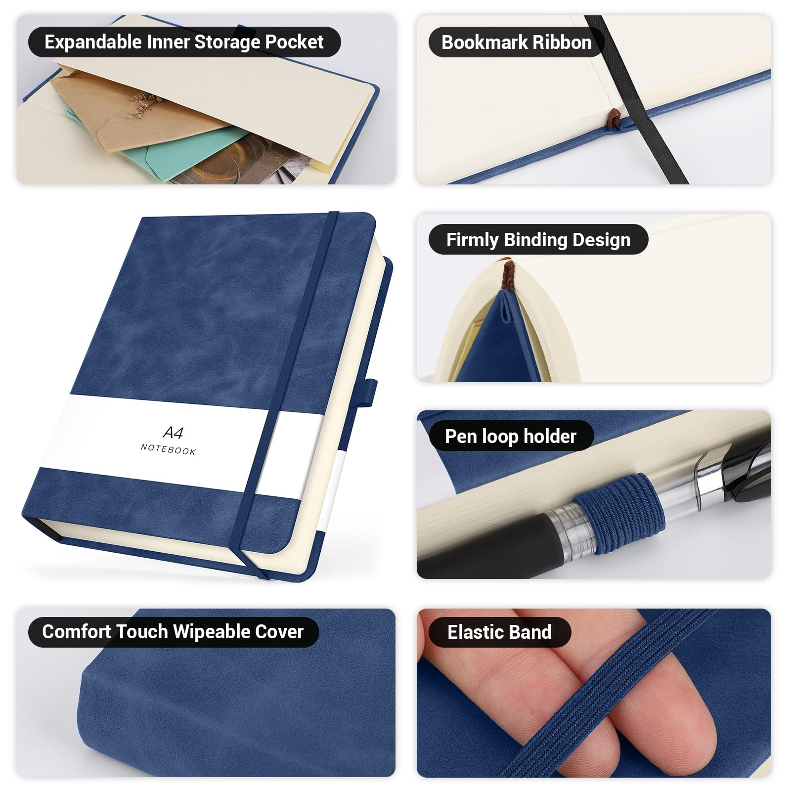 Yarotm Notitieboek A4 Witte Vellen - 3-Delig Koningsblauwe Notitieblok A4 21x29.2cm - 100GSM Notebook Papier Blanco - 80 Pagina's/40 Vellen Notitieboek A4 Schetsboek