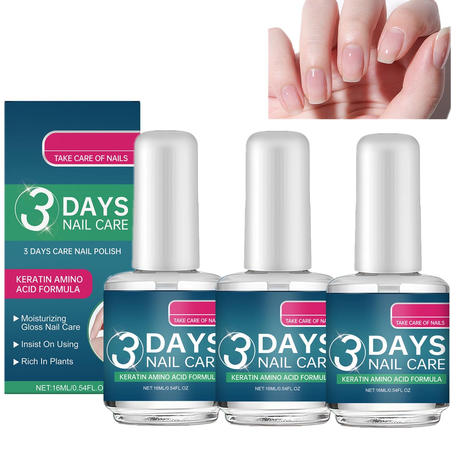 3Pc 3 Days Nail Care - Keratin Amino Acid Nail Care, Quick Dry Nail Conditioner for Dry Weak Fragile Nails, Strengthening & Hydrating