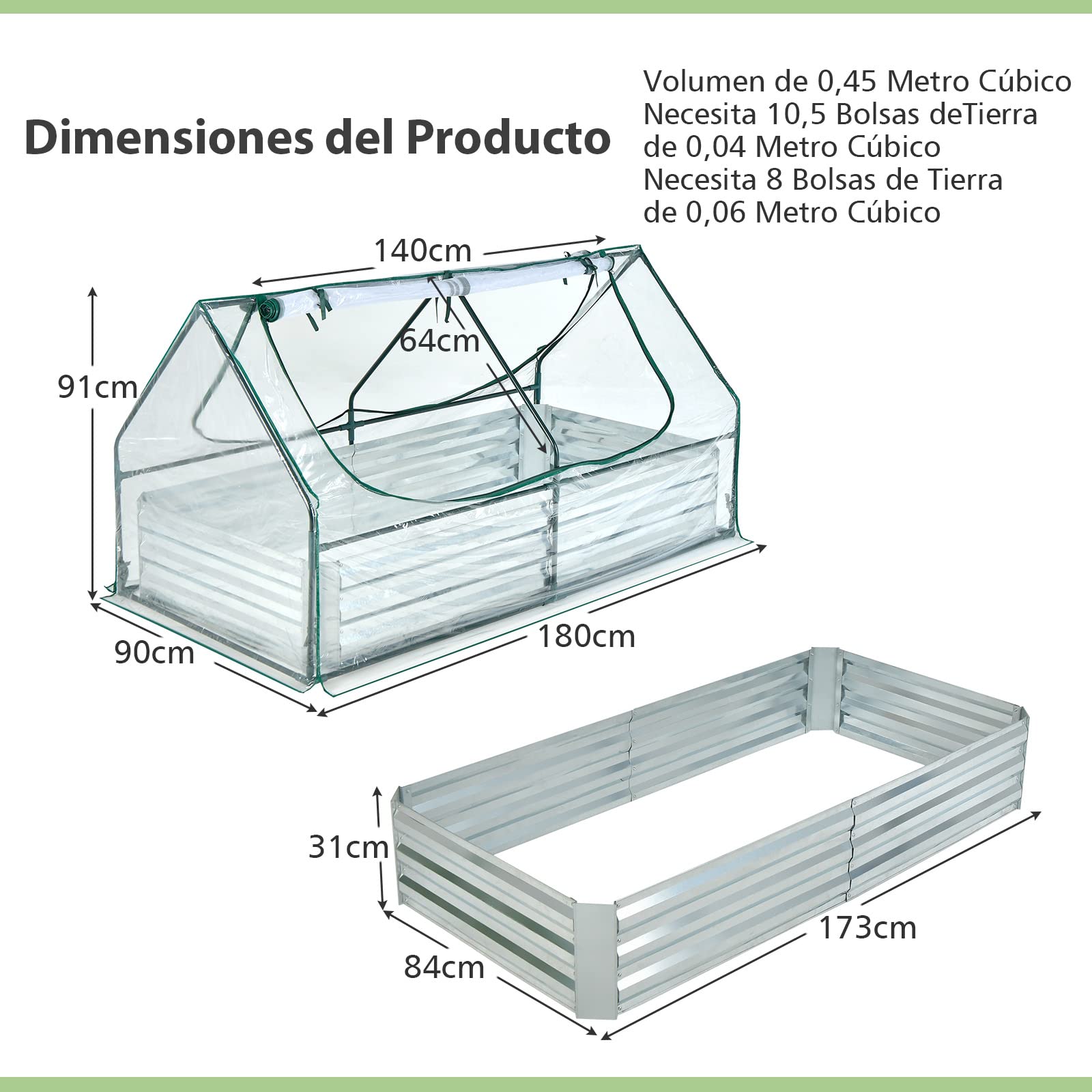 COSTWAY Cama de Jardín Elevada Galvanizada con Invernadero, Huerto Urbano Elevado, Jardinera Exterior sin Fondo con Cubierta, Ventanas Enrollables de 2 Niveles (180 x 90 x 91 cm)