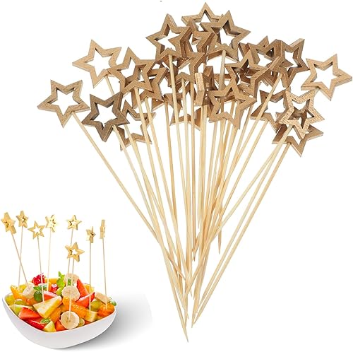 50 palillos de cóctel de estrellas, palillo de dientes de frutas en forma de estrella, púas de cóctel de bambú de estrella dorada de 5.5 pulgadas