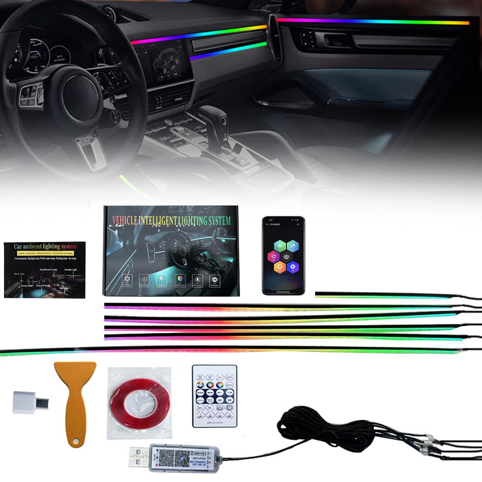 6 in 1 Acrylique Voiture LED Intérieure Éclairage, 168 LEDs RGB Ambiance Lumière, App + Télécommande Contrôle Contrôlable, Multicolore Ambiance Lumière