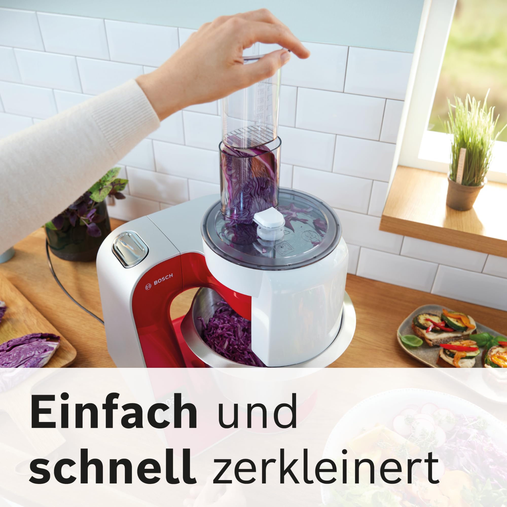 Bosch Küchenmaschine MUM5 MUM5X720, integrierte Waage,Edelstahl-Schüssel 3,9L, Mixer 1,25L, Profi-Knethaken, Planetarisches Rührgetriebe, Rührbesen, Durchlaufschnitzler, 1000 W, Silber/Dunkelrot