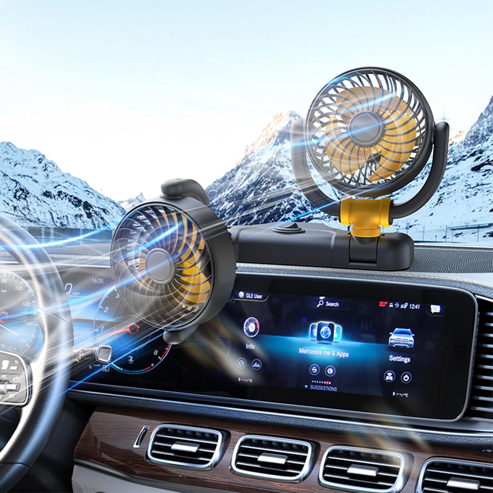 Ventilateur de voiture 12 V - Double tête - Rotation à 360° - Avec allume-cigare - Puissant et silencieux - Pour voiture, van, SUV, RV, bateau