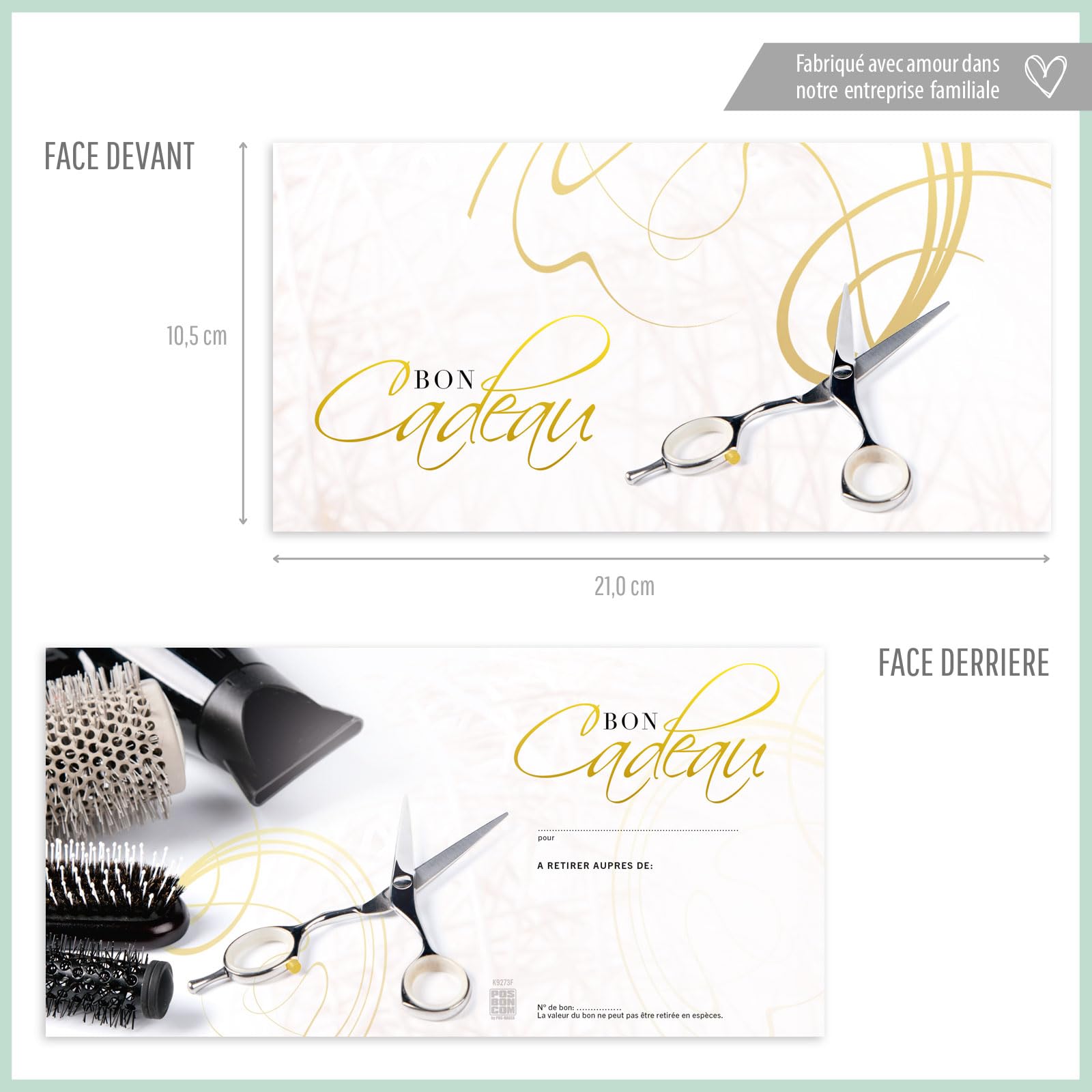 POS BON - 100 bons cadeaux à remplir avec enveloppe/nœud ruban - formulaires imprimés pour des salons de coiffure K9273F-2-100
