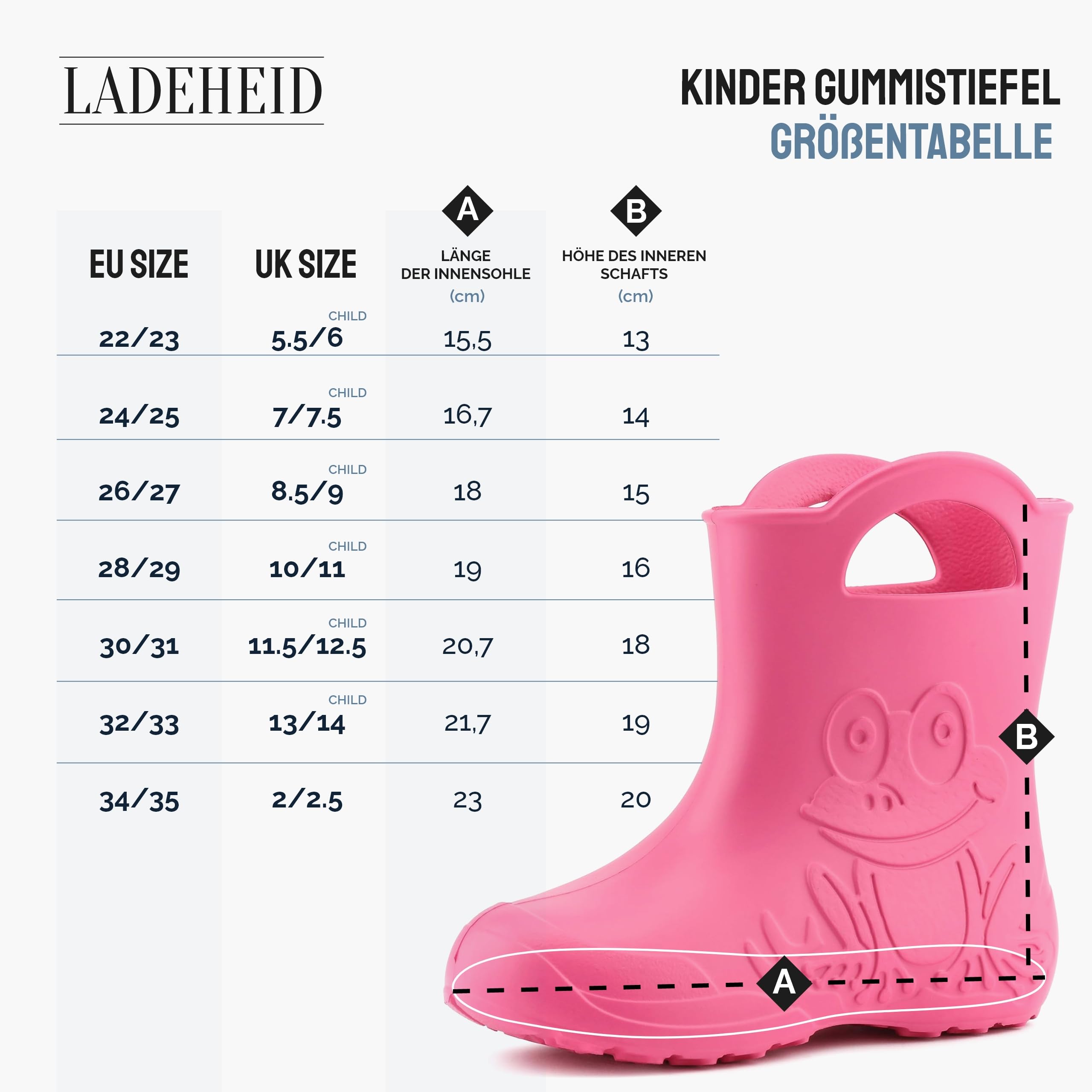 Ladeheid Eva federleichte Kinder Gummistiefel für Jungen und Mädchen Regenschuhe Bequeme und wasserdichte Regenstiefel Kinder LA-CA-01