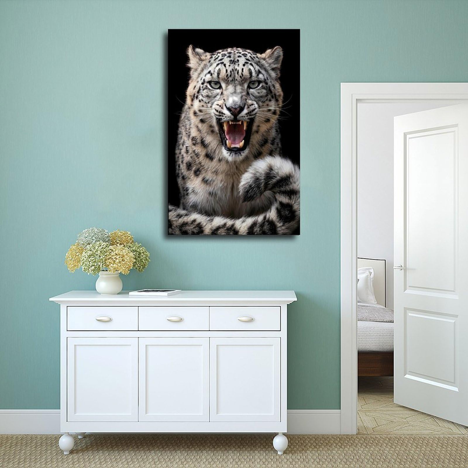 WRTYVE Poster su tela con leopardo delle nevi ruggente, per ufficio, regalo decorativo
