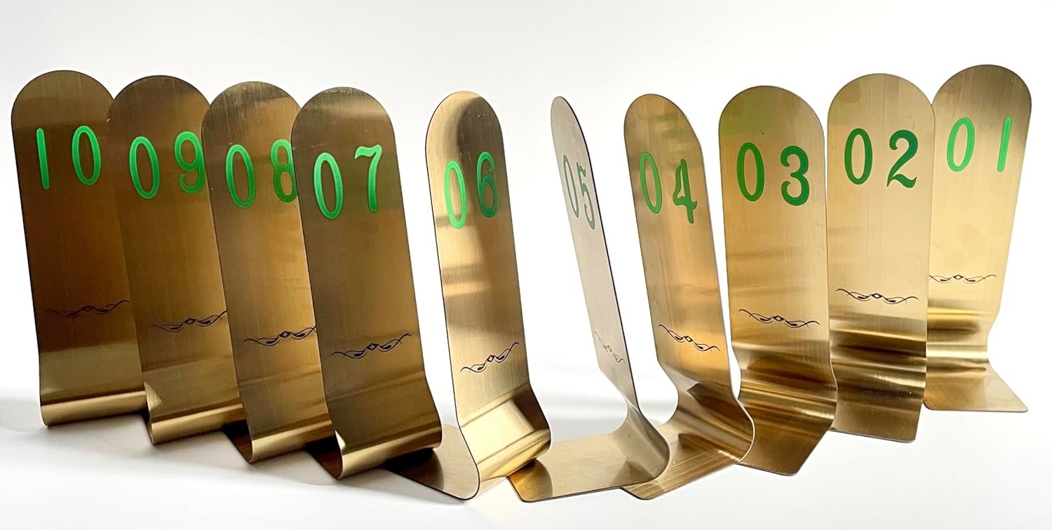 SIWOT 6/8 Inches Height Stainless Steel Place Cards 10pcs/Set Double Sided Stackable Seat Card Vertical Table Numbers Metal Place Card Holders (8in Golden Green & Black, 1-10)