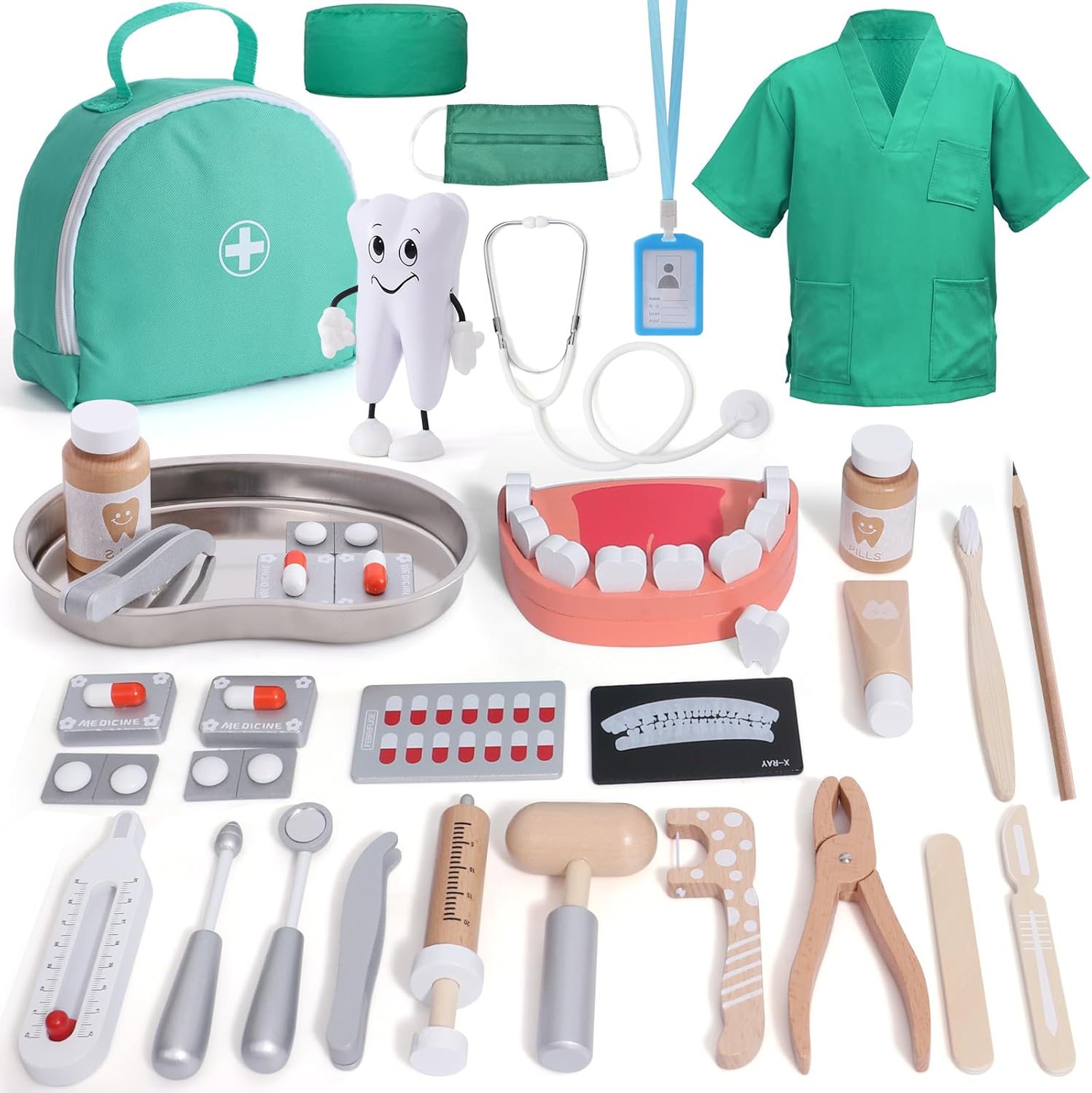 Kids Doctors Set Wooden Dentist Surgeon Medical Kit with Real