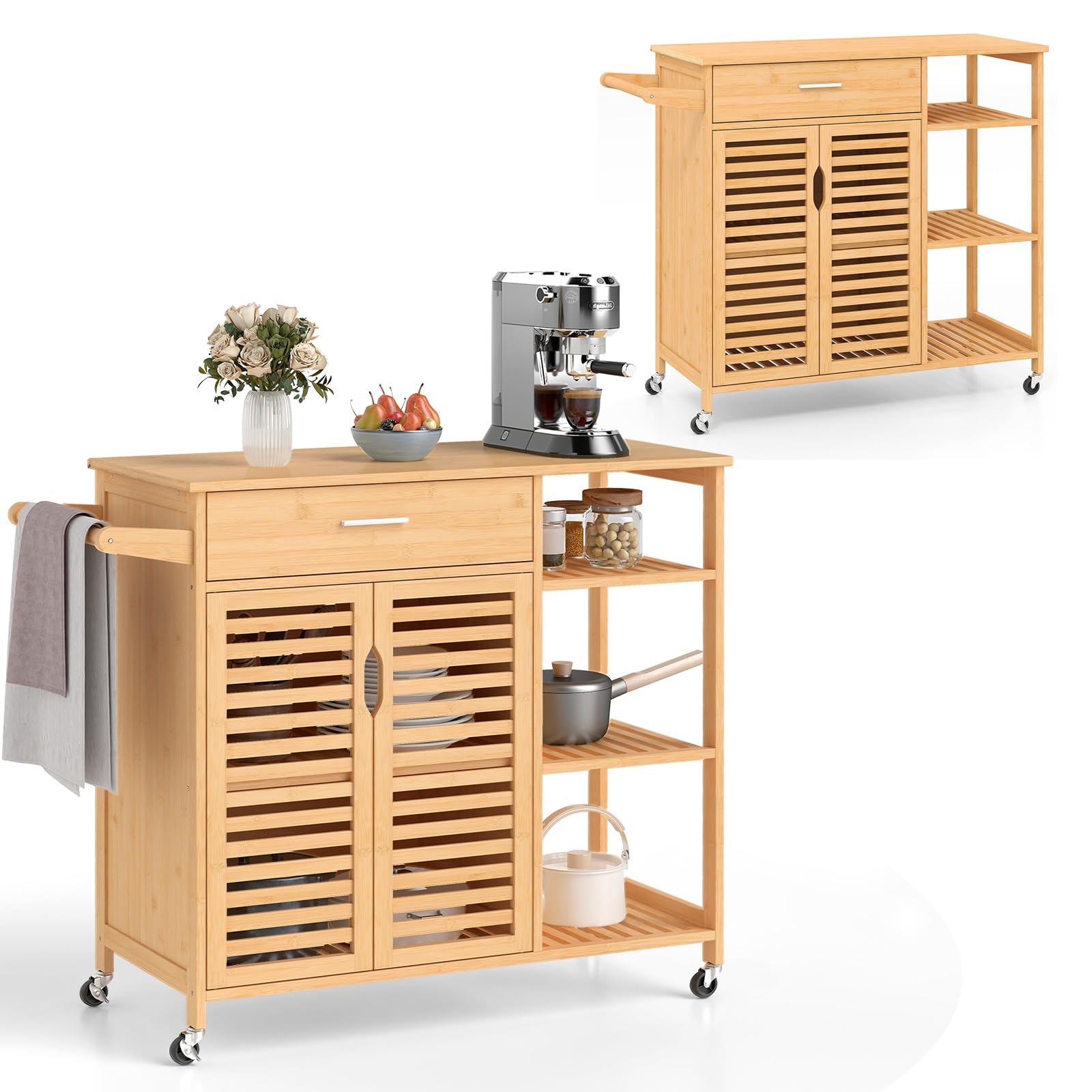 KOMFOTTEU Carrito de Cocina con Ruedas, Isla de Cocina de Bambú, Carro Auxiliar con Cajón, 3 Estantes Abiertos y Armario con 2 Puertas, Organizador Móvil para Comedor, 104 x 40 x 89 cm