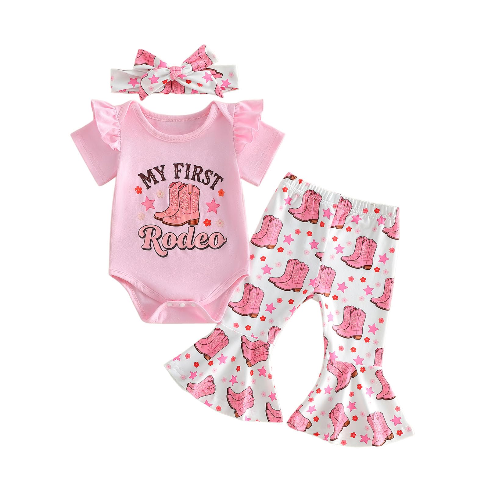 My First Rodeo Baby Girl Outfit Newborn Romper Pants Set | Infant Cowgirl Western Clothes Long Sleeve Romper Bell Bottom Pants 3Pcs Set 3-6 Months Pink-redeo Girl.
