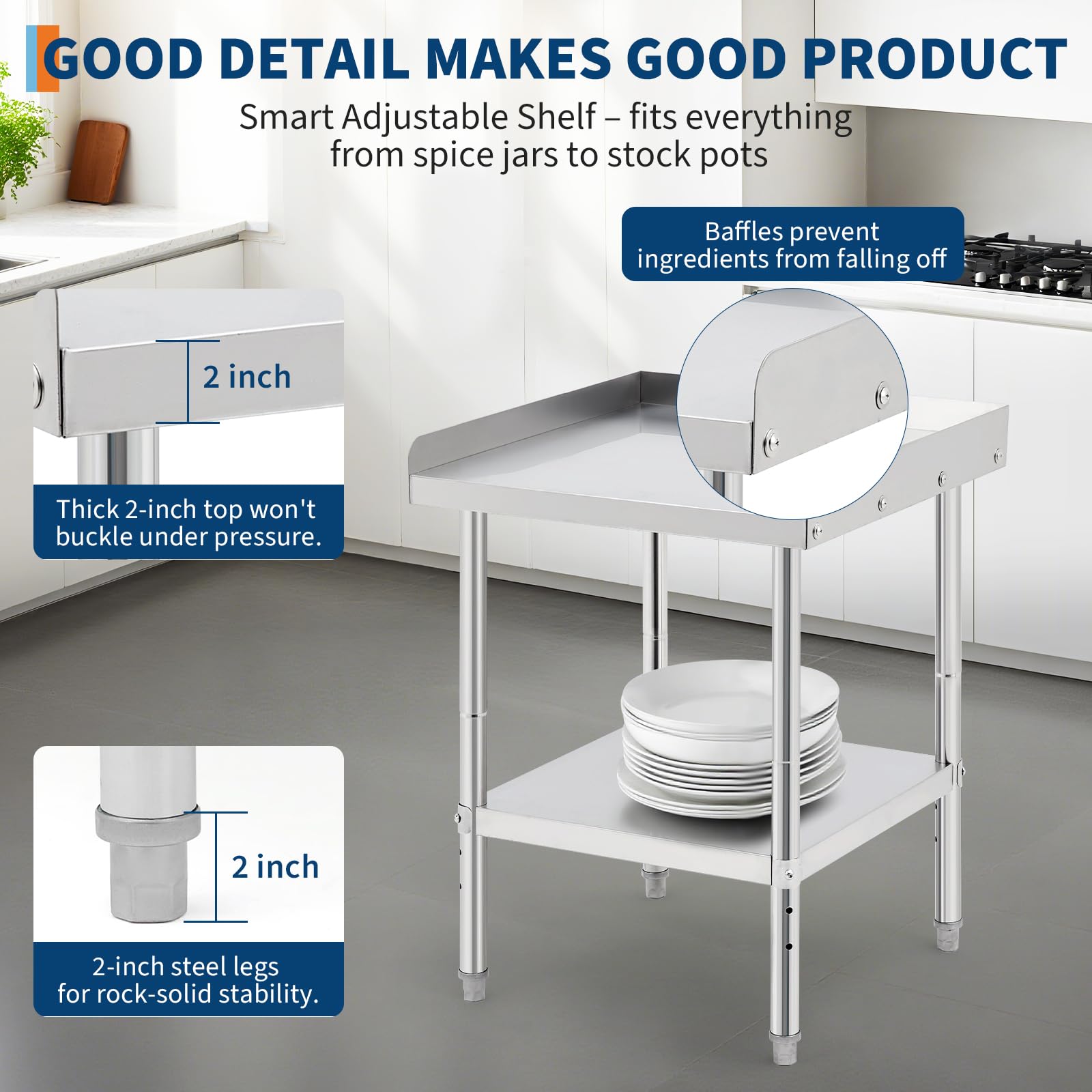 Garvee Mesa de Trabajo Acero Inoxidable 201 para BBQ 30,5 × 61 × 76 cm, con Protector Desmontable de 3 Lados, Estante Inferior, Mesa Auxiliar Cocina Exterior