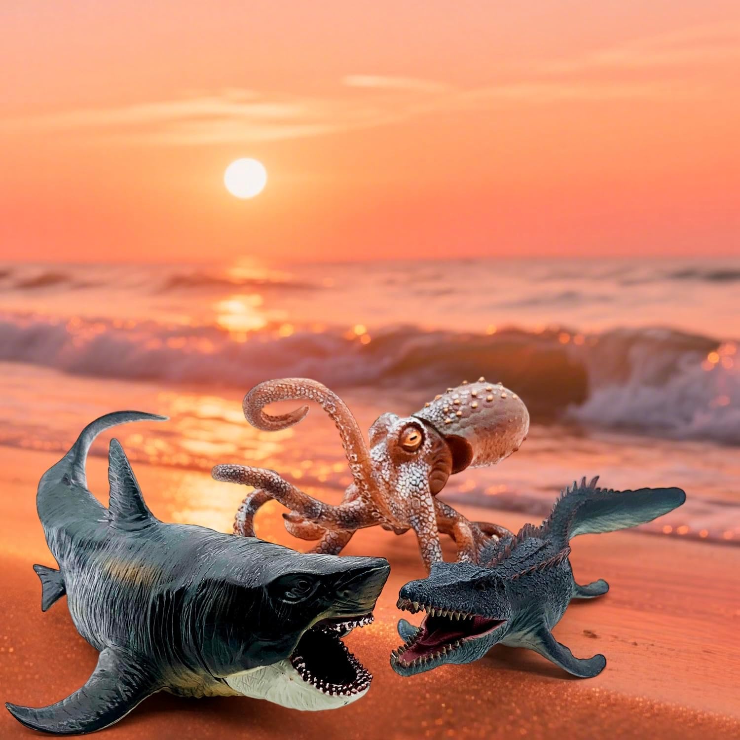 Movable Jaw Ocean Animal Set - 13" Mosasaurus, 10.6" Megalodon Shark & 7.8" Octopus Realistic Action Figure Toys for Kids & Collectors (3 PCS)