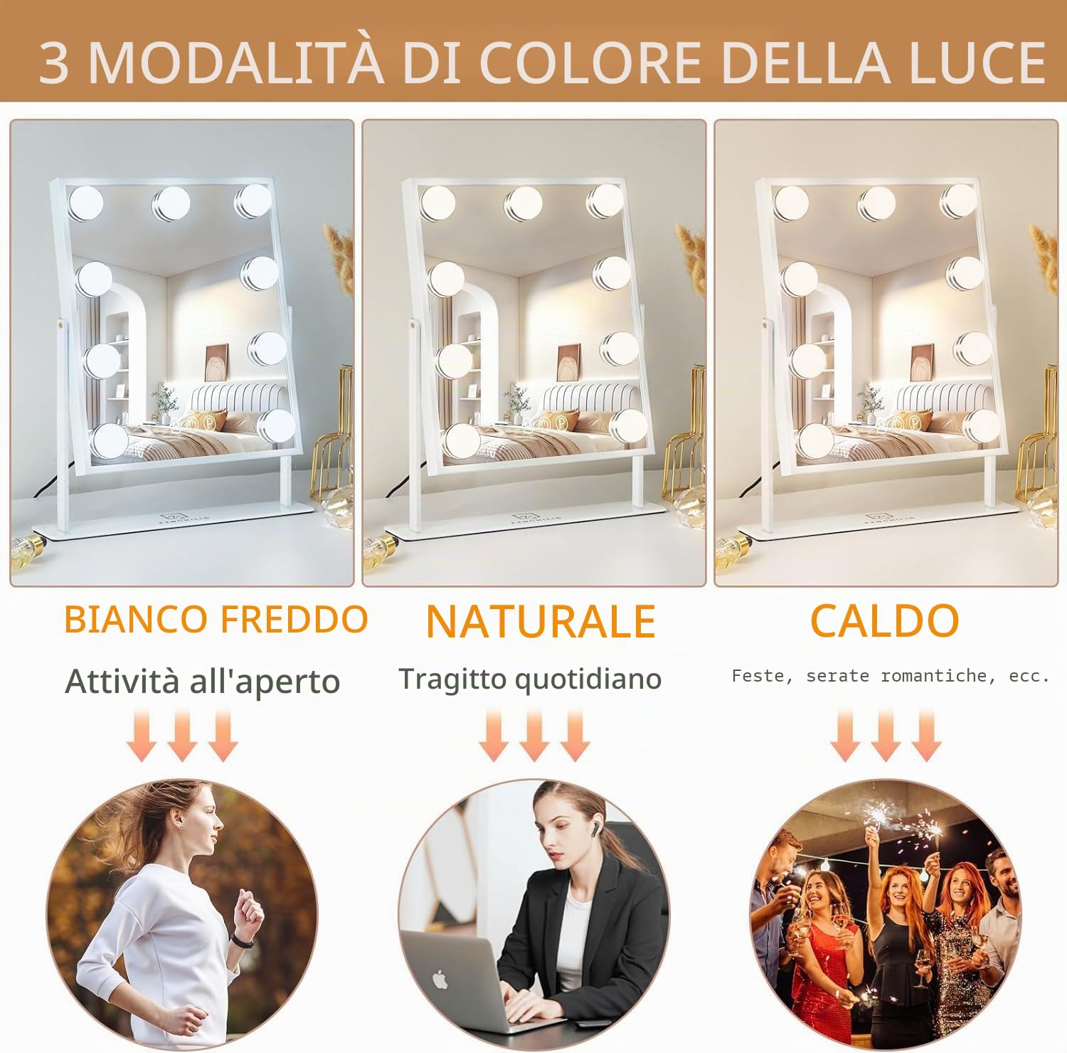 FENCHILIN Specchio trucco cosmetico con luci regolabile a 360 gradi a 9 lampade LED Touch Screen, Hollywood, grande da tavolo 10x ingrandente 25x30cm
