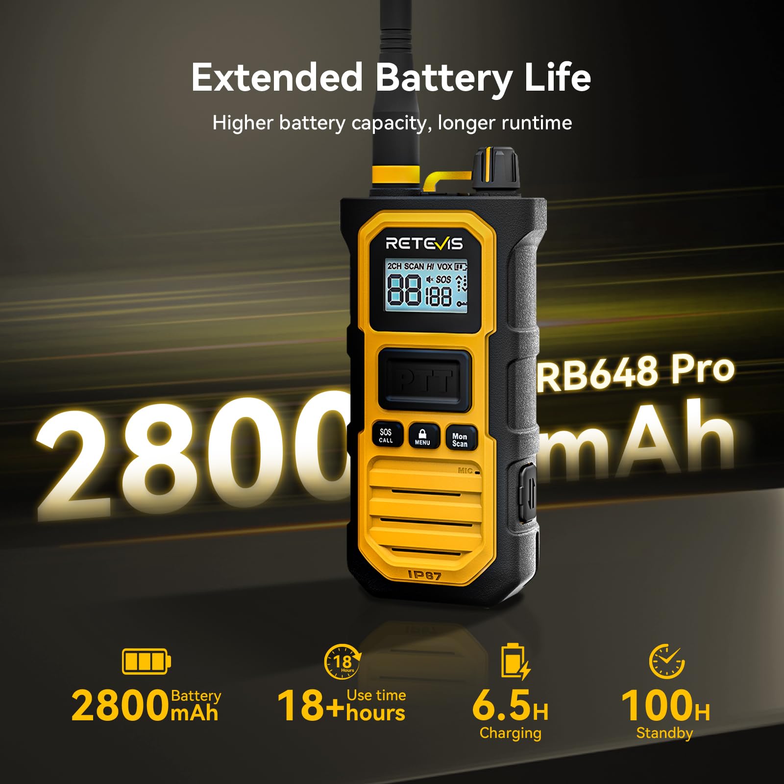 Retevis RB648 Pro Walkie Talkies mit Großer Reichweite, IP67 Wasserdichtes Funkgerät, Zwei Wege Geräuschunterdrückung, 2800 mAh, Walkie Talkies für Erwachsene für Baustellen und Fabriken (2 Stück)
