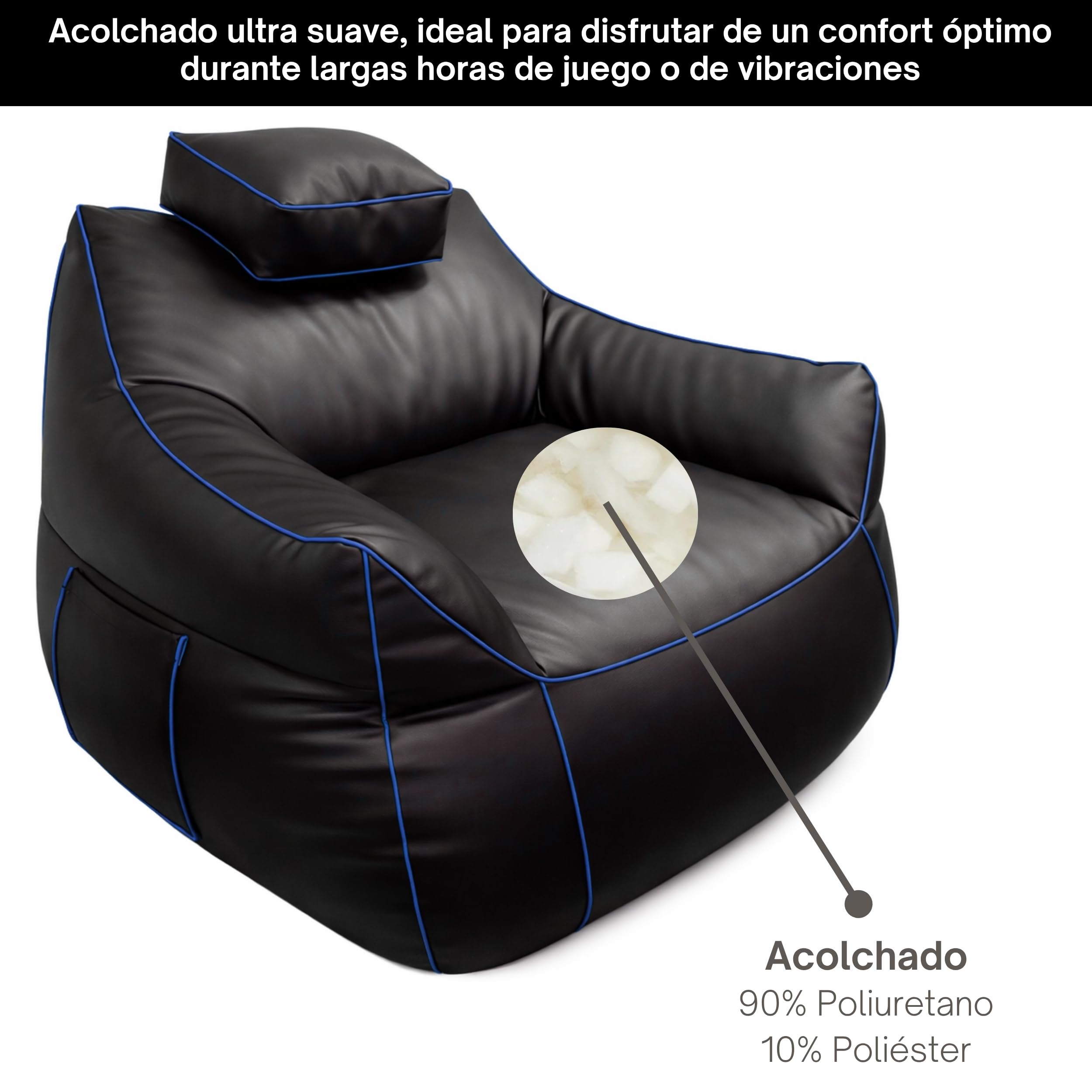 bananair - Puff Gamer XXL - Confort Estable - Relleno de Espuma - Reposacabezas Ajustable y 2 Bolsillos - Apto para Adolescentes y Adultos para Juegos, TV y Relajación (110×100×90 cm, Azul)