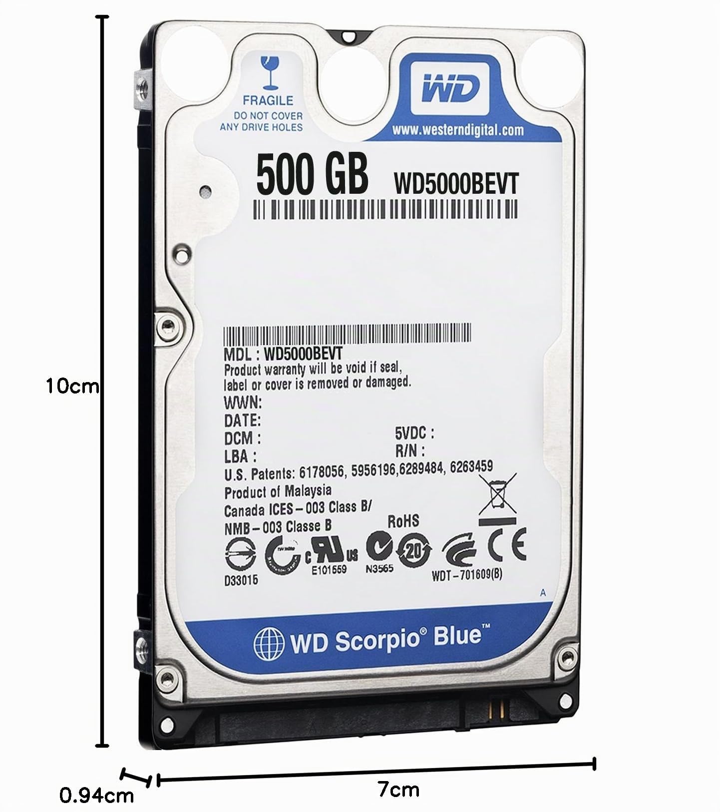 Western Digital WD5000BEVT Scorpio Blue 500GB Hard-Disk interno (6,4 cm (2,5 pollici), 5400RPM, 8MB Cache, SATA)
