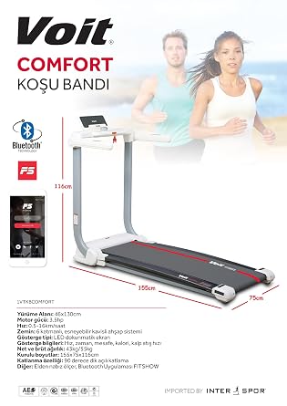Voit Comfort Kavisli Koşu Bandı – Ultra Esnek Özel Ortopedik Zemin (Eklem Dostu Konfor), 3,5 HP Motor Gücü, 16 km/s Hız, Bluetooth & Elden Nabız Ölçer, 120 kg Taşıma Kapasitesi