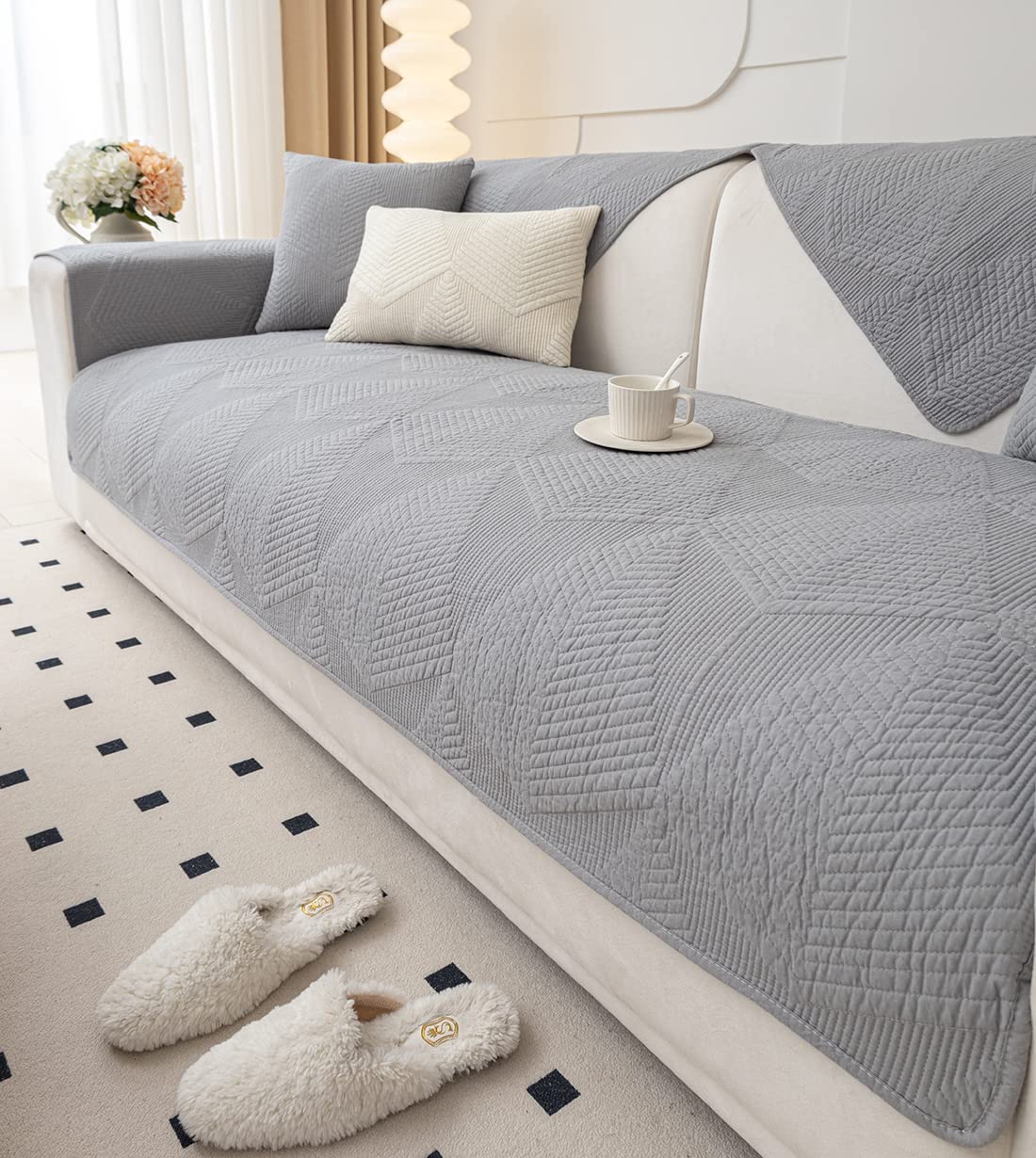 Farmhouse Solid Color Embroidery Sofa Couch Cover Cotton Quilted Sectional Couch Covers Washable Non Slip Sofa Slipcover for Dogs, Children, Pets Furniture Protector (Grey,28"x59")