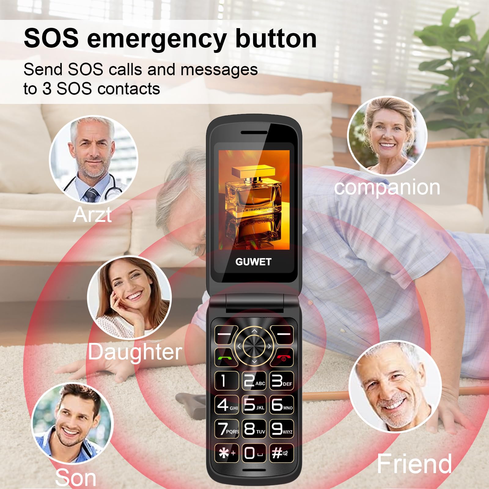2G Seniorenhandy Klapphandy ohne Vertrag, Rentner Handy Großen Tasten, SOS Notruffunktion, 1600 mAh Akku, 2.4"+1.77" Dual Display, Dual SIM mit Notruftaste, Rot