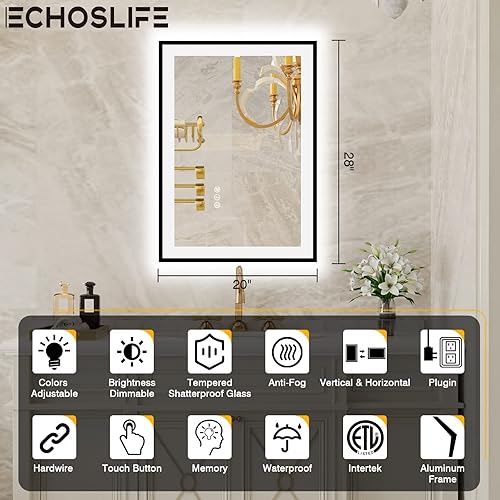 Miniatura 3 de Espejos de baño LED de 20 x 28 pulgadas para pared, marco de aluminio negro (frontal y retroiluminado), espejo de tocador antivaho con luces, espejo