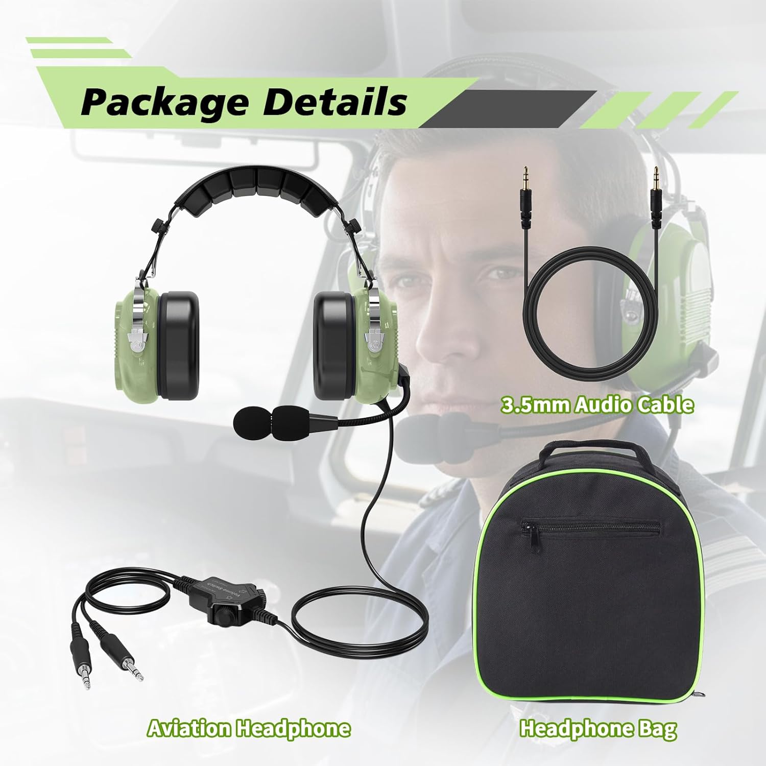 WODASEN General Aviation Headset GA Dual Plug Pilot Headsets with Boom Mic Aircraft Airplane Noise Cancelling Ear Protection Headphones Flight Student Earmuff (Light-Green)