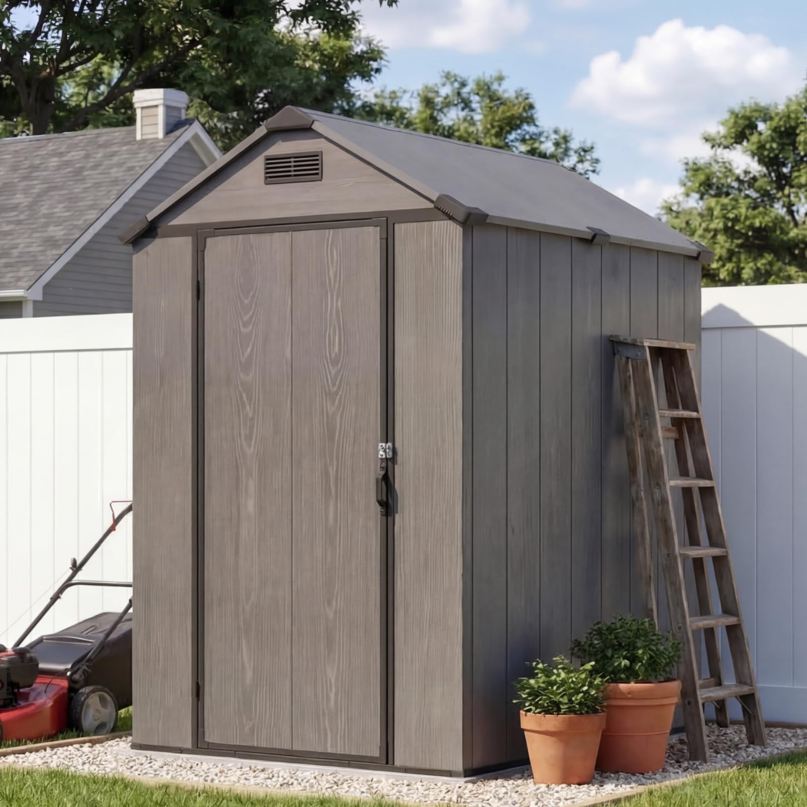 Photo 1 of Patiowell 4x6 FT Plastic Outdoor Storage Shed with Floor, Resin Outside Shed with Lockable Door and Vents, Garden Sheds for Backyard, Patio, Lawn Mower, Dark Grey