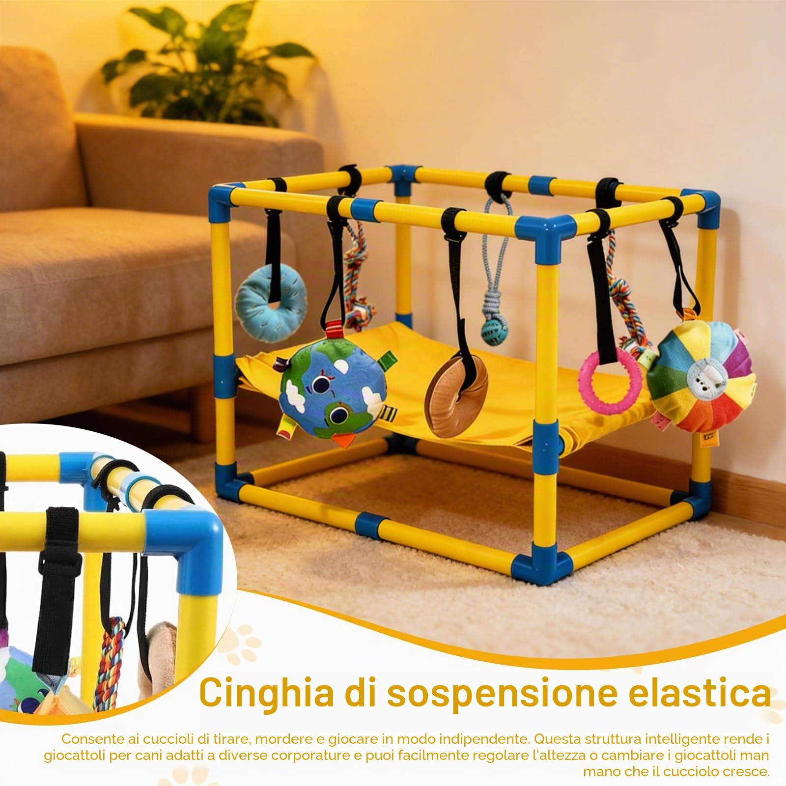 Palestra per Cani, Stanza Giochi per Cucciolo 60 x 40 x 40 cm con Amaca e Giocattoli Sospesi Sala Giocattolo per Cucciolo con Giochi per Cani per Promuovere L'esercizio e la Stimolazione Mentale