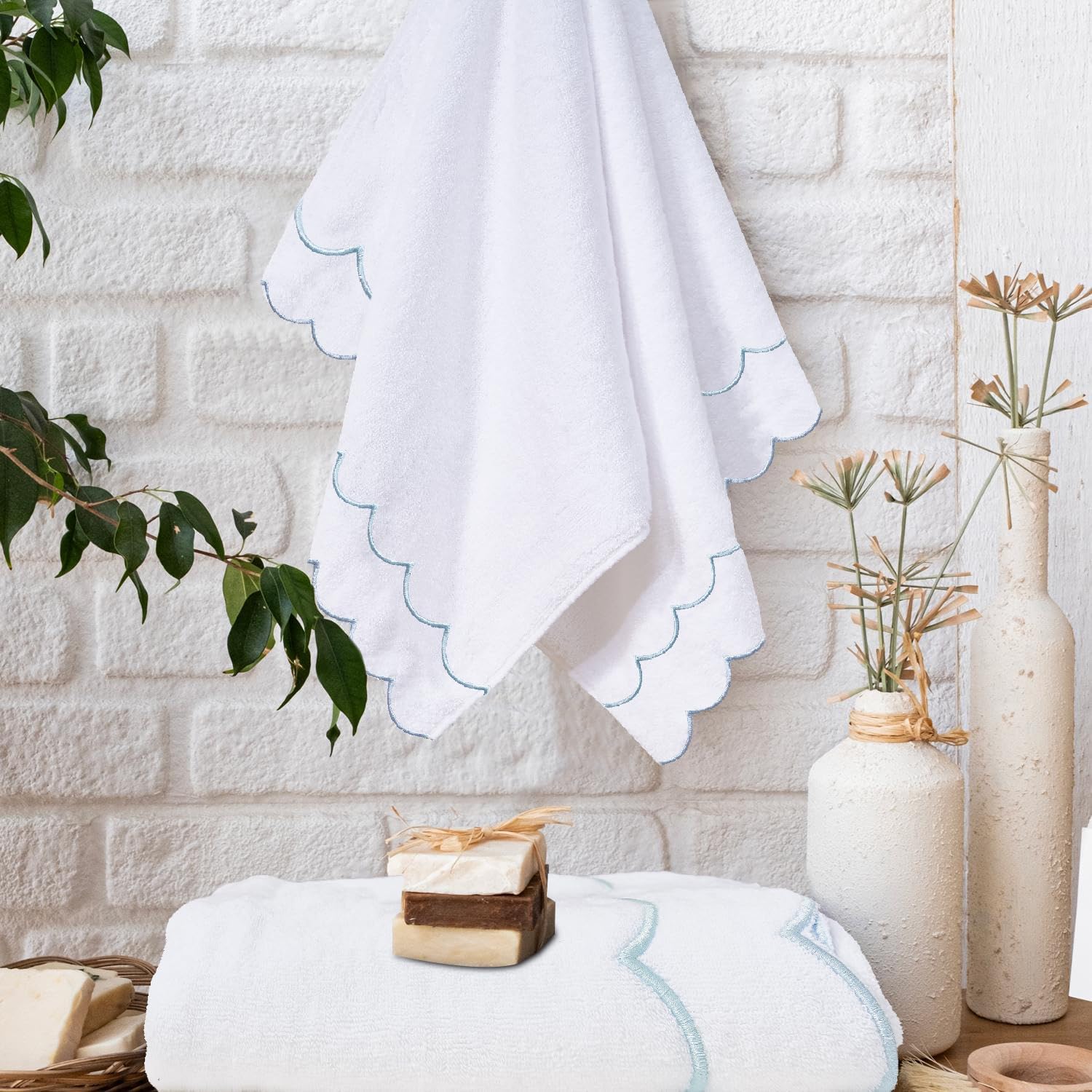 100% Cotton Scalloped Hand Towels 600 GSM Embroidered Soft Absorbent Decorative Bath Towels for Bathroom Hotel Spa Yoga Sport Blue 2-Pack 54" L x 27" W