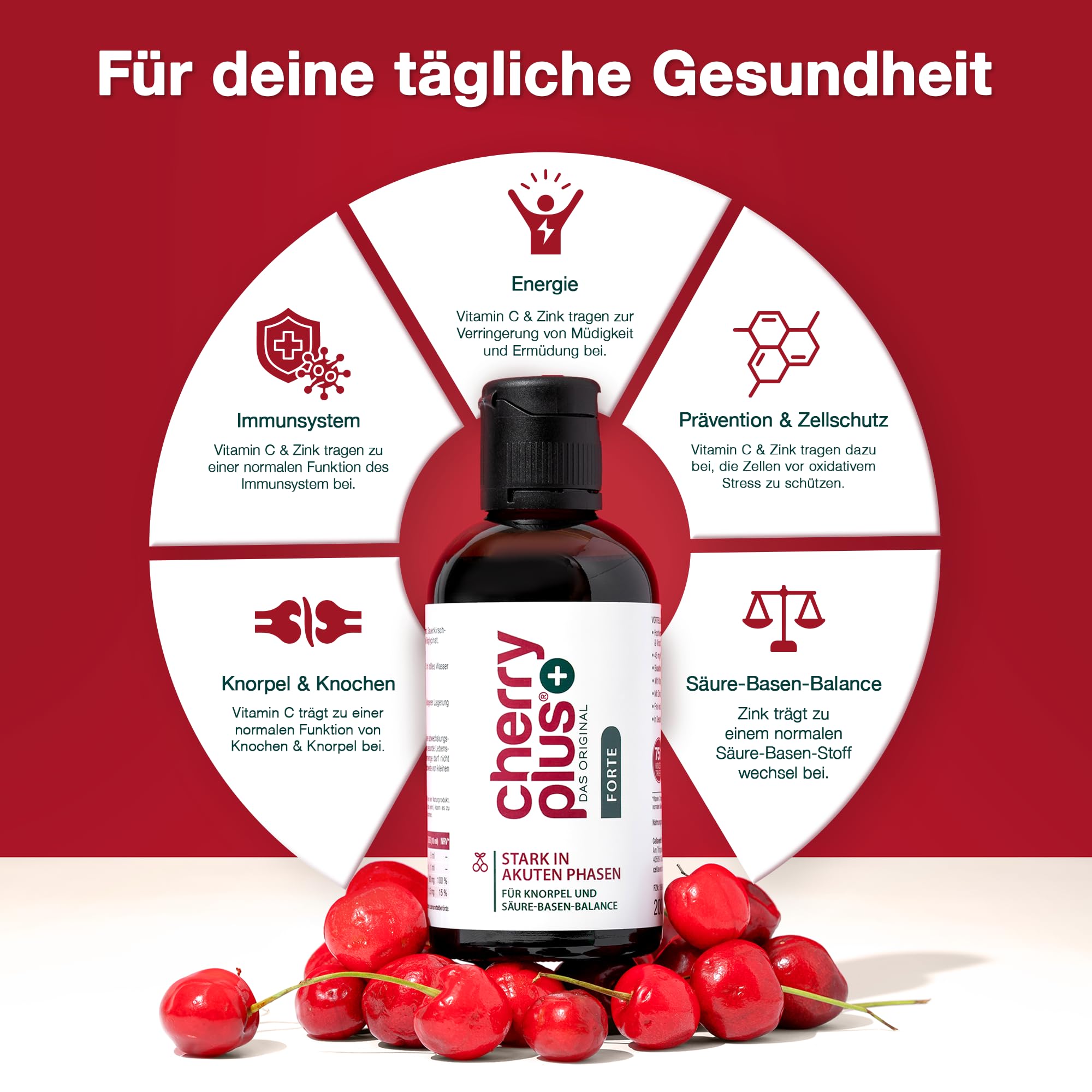 Montmorency Sauerkirschsaft Konzentrat + Sauerkirsch Extrakt - mit Vitamin C für Knochen & Zink für das Immunsystem - Montmorency Sauerkirsche für den Akutfall - Cherry PLUS Forte - 200 ml