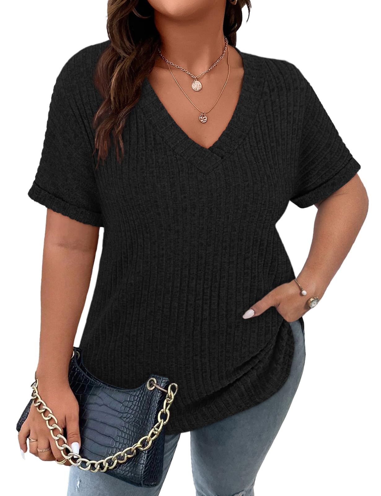 Cucuchy Style Womens Plus Size Tops Casual V Neck Shirts Short Sleeve Solid Color Blouses