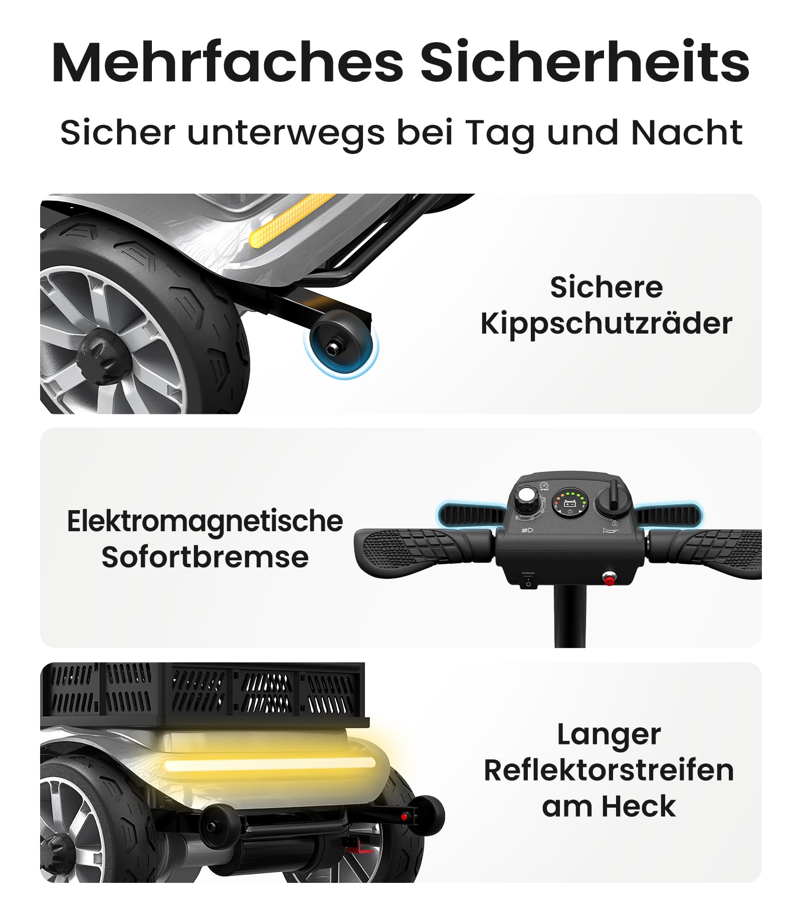 VOCIC D35 Seniorenmobil klappbar 35KM, 40L Doppelten Korb Elektromobil für Senioren bis 136KG, mit 20CM großen Rädern, 40L Doppelten Korb ergonomischer verstellbarer Sitz abnehmbarer Akku, Grau Silber