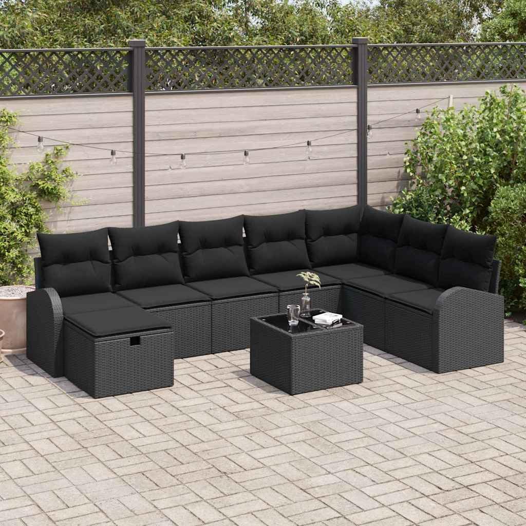 Juego de sofá de jardín de ratán sintético con cojines de 9 piezas, color negro, modular muebles de jardín con espacio de almacenamiento de madera de acacia