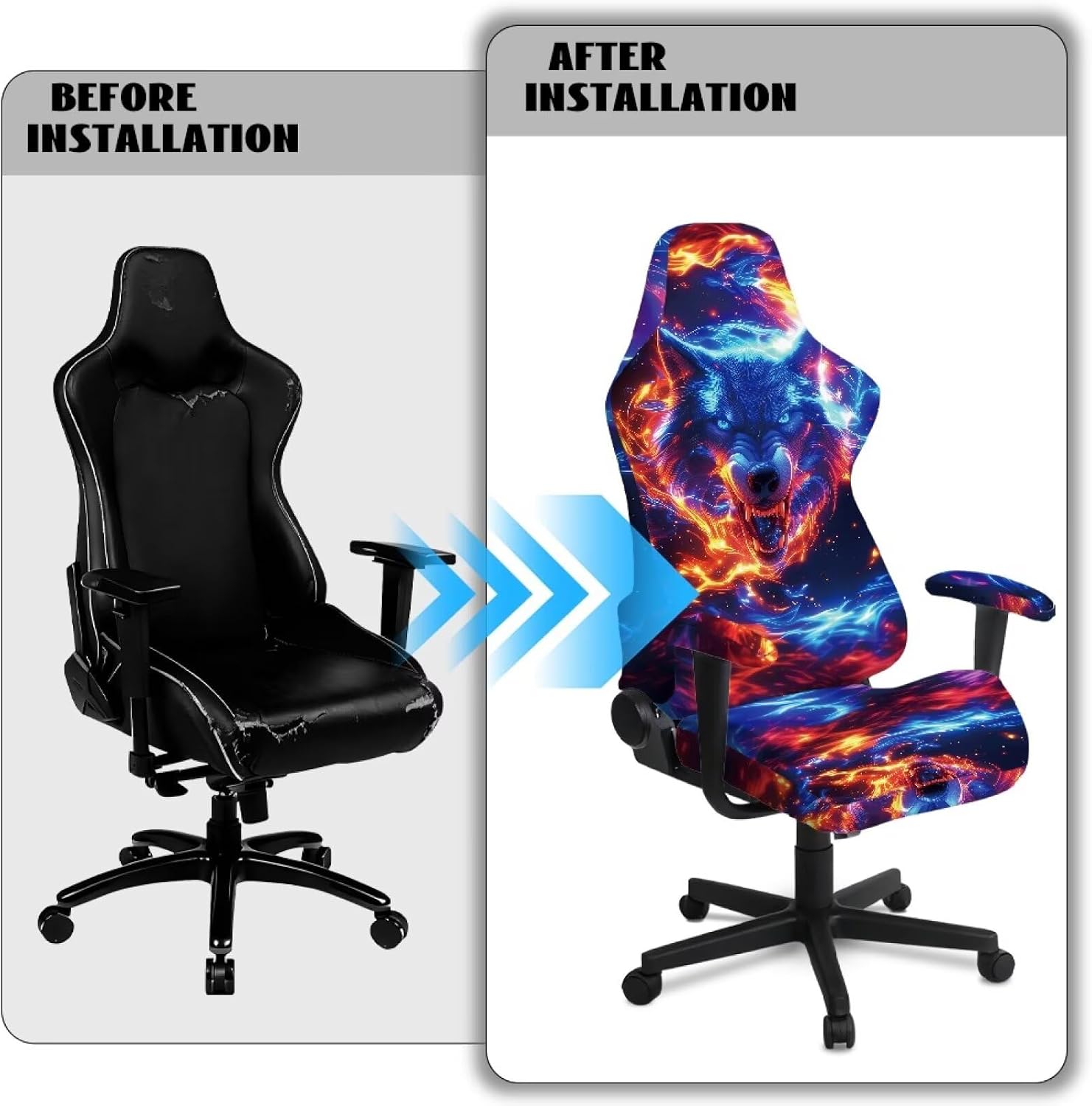 Flame Wolf Office Chair Slipcovers Blue Breathable Gaming Chair Cover with Arms for Video Game Chairs Pet Scratch Resistant Easy to Install Computer Reclining Gaming Chairs Protector
