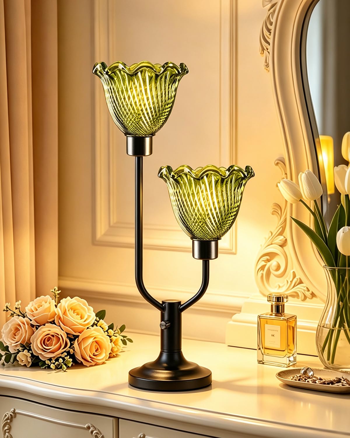 Lightdot Green Glass Flower Table Lamp for Bedroom Vintage Dimmable Lamp