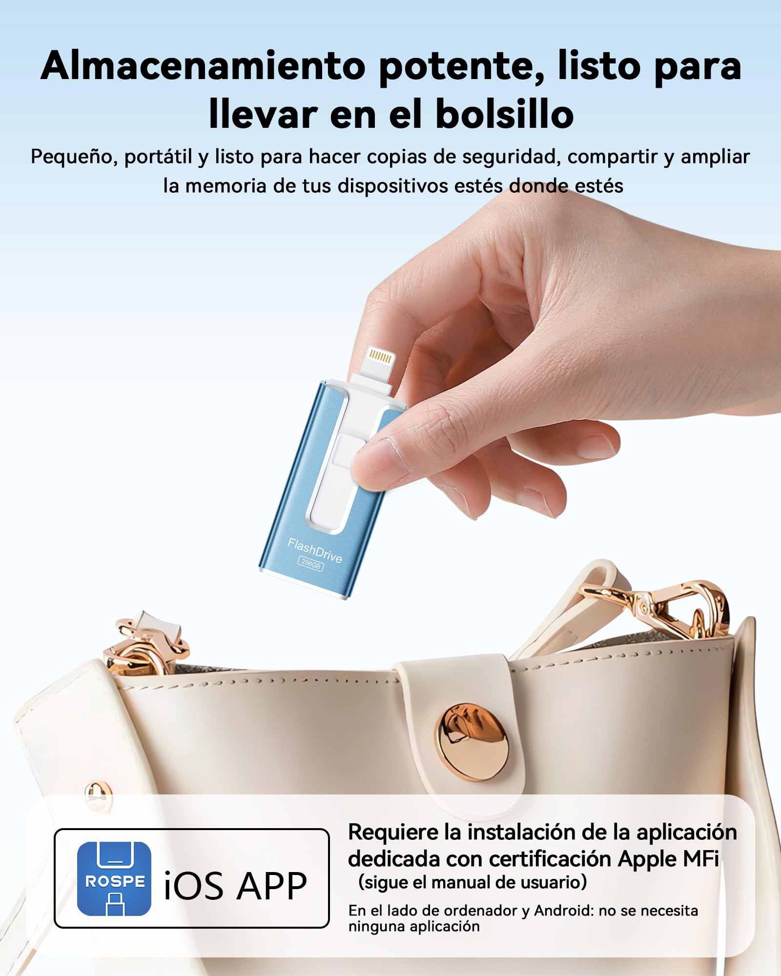 Memoria USB 256GB para iPhone, Memoria Externa iPhone con Certificación MFi, Pendrive lPhone USB-C & Lightning 3-en-1 para lPhone/iPad/Android/PC, Memoria USB 3.0 para Fotos y Vídeos, Azul