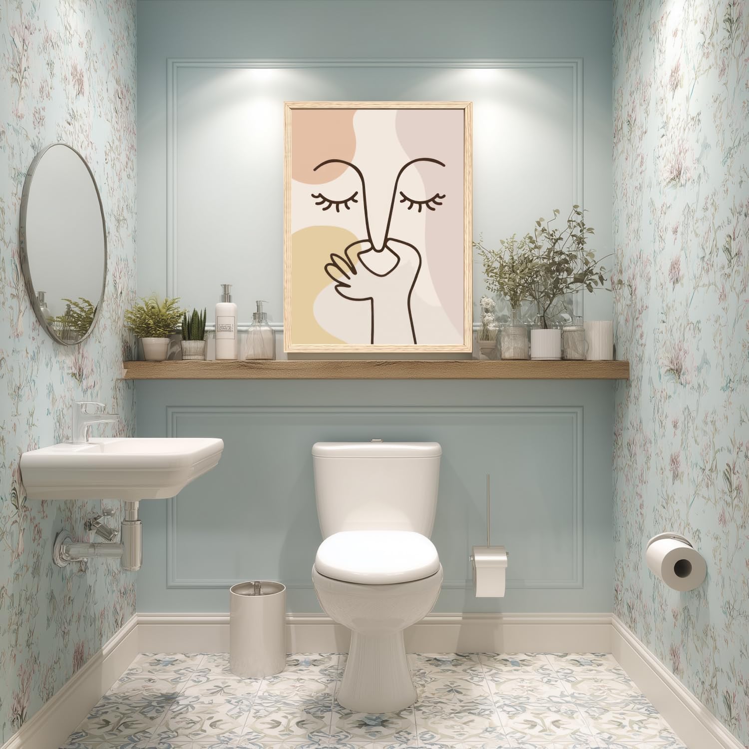 Cyebmo Boho Funny Bathroom Wall Art, Abstract Minimalist Face Line Art Wall Decor, Neutral Aesthetic Art Print, Modern Beige Poster Painting for Bedroom Living Room, Wood Framed 16x24 Inch