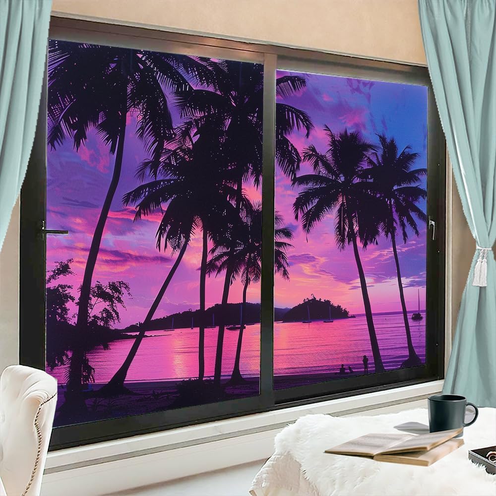 Nature Coast Stained Glass Window Stickers Fantasy Sunset Ocean Beach Plants Privacy Window Film Glass Door Covering Self-Adhesive Decals for Bathroom Kitchen 23.6Wx35.4L inch x 2pcs