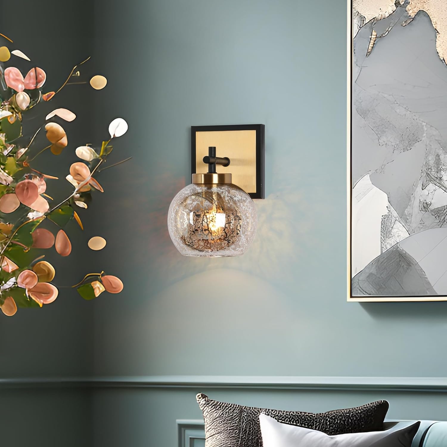 KSANA Sconce Wall Lighting, Black and Gold Wall Mount Sconce Light, Modern 1-Light Bathroom Light Fixtures with Mercury Glass Shade for Stairway, Living Room and Kitchen