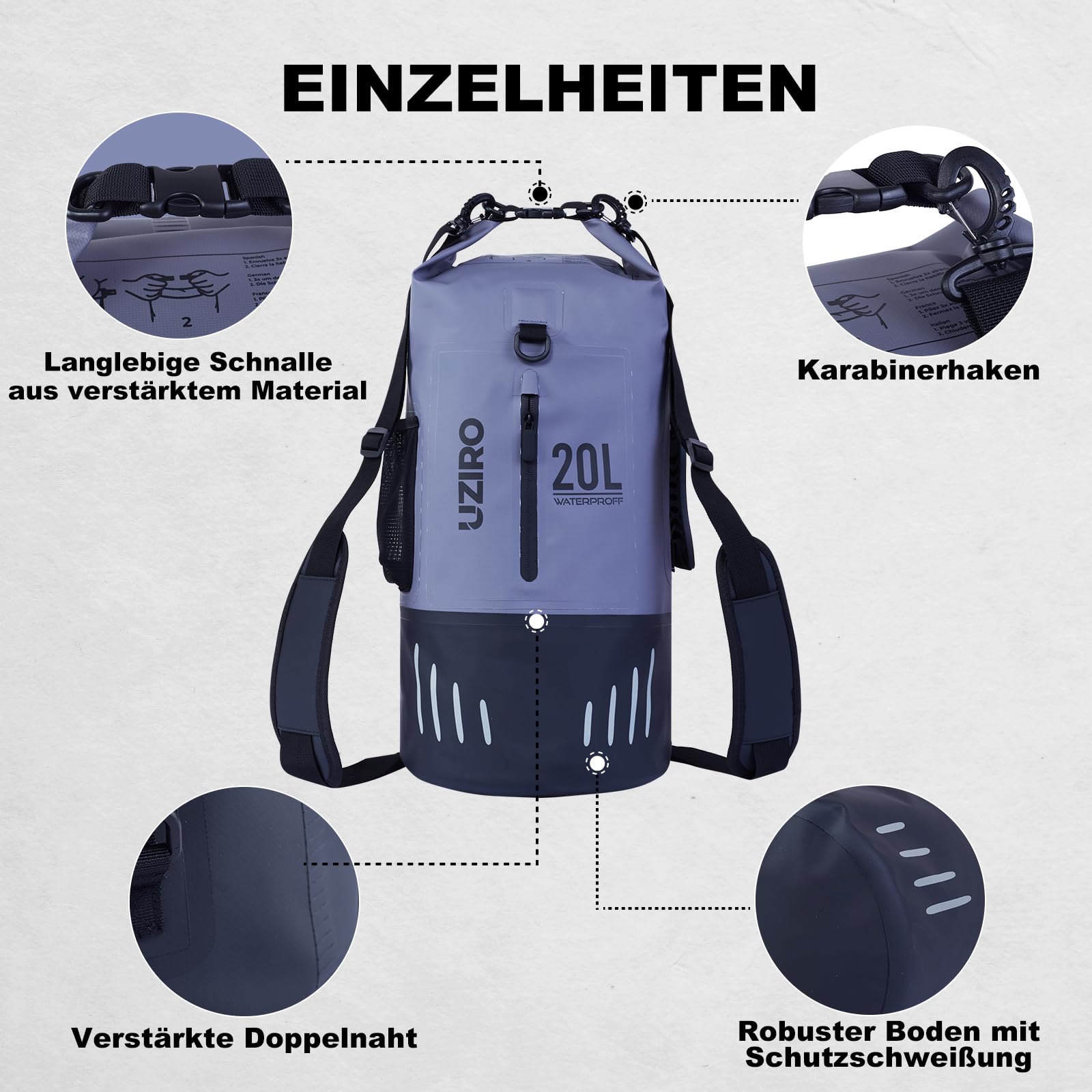 UZIRO Bolsa Estanca 20L, Mochila Impermeable para Kayak, Piscina, Pesca y Natación, Dry Bag Acuático, Resistente al Agua, Ideal para Actividades al Aire Libre, Color Gris