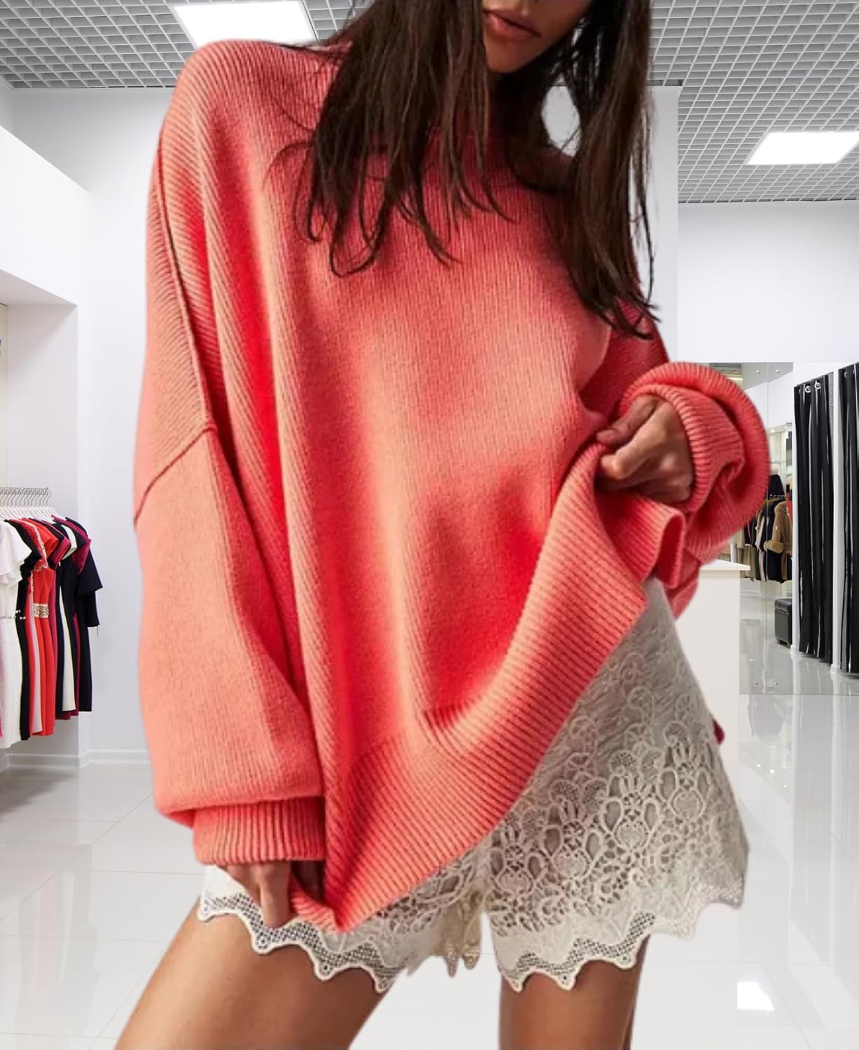 Women's Batwing Sweater Oversized Knit Pullover with Side Slits Fall Casual Crewneck Top for Fashion Outfits - Image 6