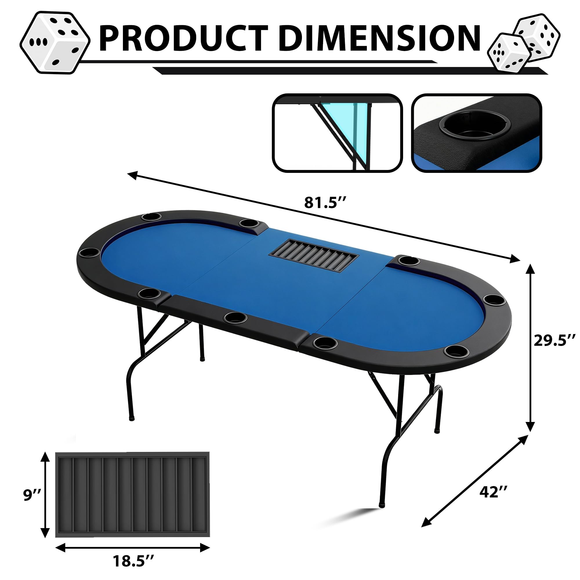 Garvee Table De Poker Pliable à 9 Joueurs - Table De Jeu Circulaire avec Pieds en Fer, Plateau Bleu en Plastique, Porte-Gobelets pour Soirées De Jeux, Casino Maison Et Événements Familiaux