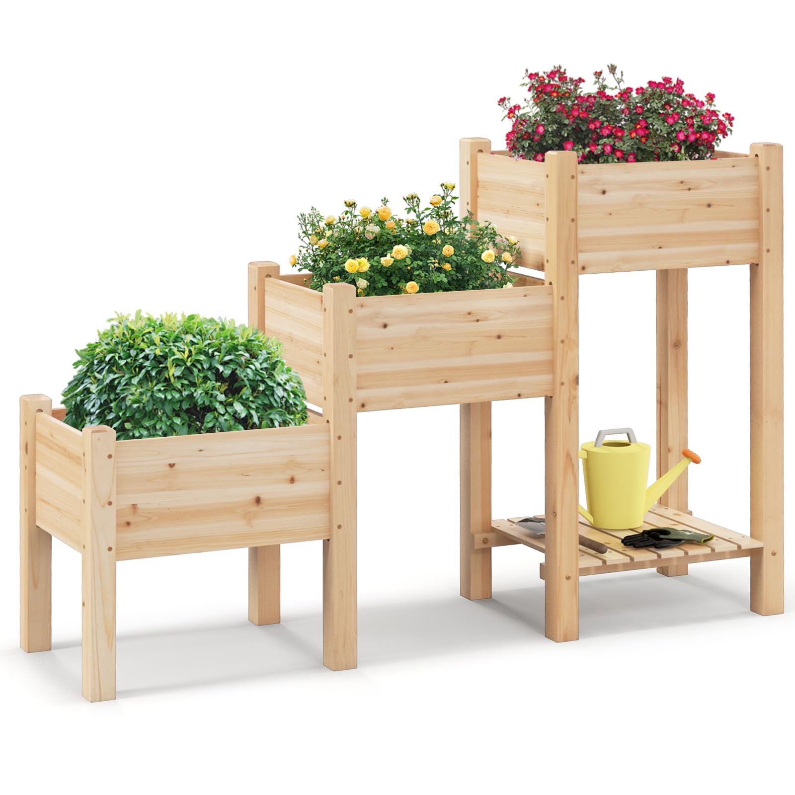 HOMASIS Aiuola rialzata con 3 fioriera e ripiano, aiuola da giardino in legno di abete, fioriera con fori di drenaggio, aiuola per piante, aiuola per giardino, balcone, terrazza, 161 x 43 x 104 cm