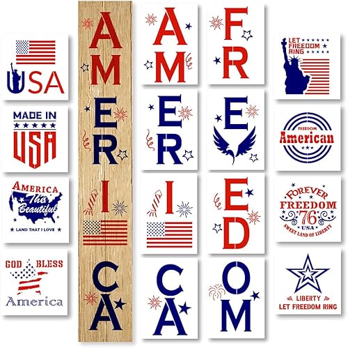 Hying 16 plantillas patrióticas de plástico del 4 de julio para pintar sobre madera, plantilla de bandera estadounidense, plantillas de palabras de