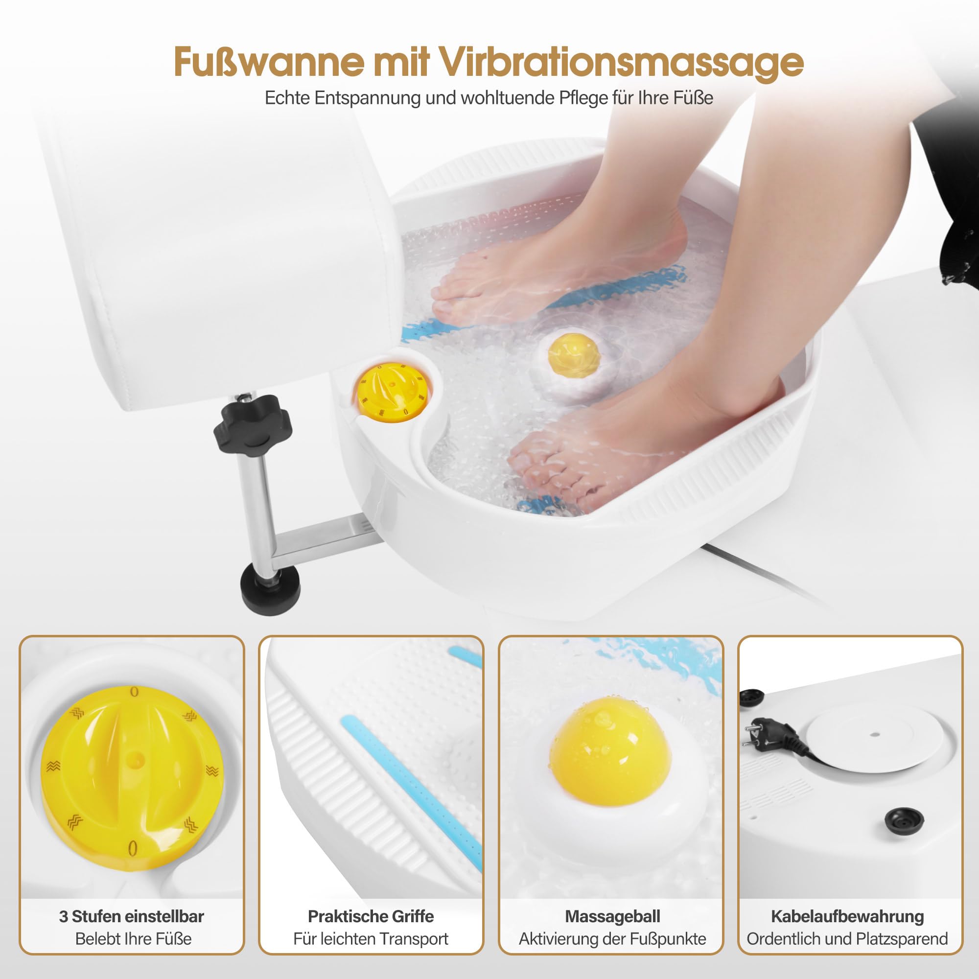Barberpub Pediküre Stuhl mit Fußbadewanne & Hocker, Höhenverstellbar & Kippbar, Fußpflegestuhl für Nagelstudio Retro Gold-Weiß