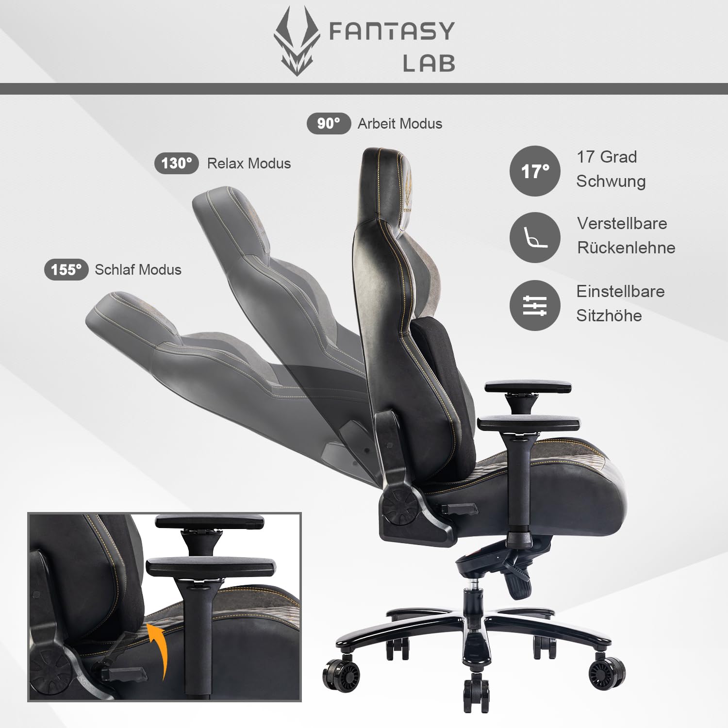 Fantasylab Gaming Stuhl 200KG Belastbarkeit Bürostuhl 200KG Verstellbare Armlehne 4D Gamer Stuhl mit Lendenwirbelstütze Chefsessel Ergonomischer Schreibtischstuhl Schwarz/Grau