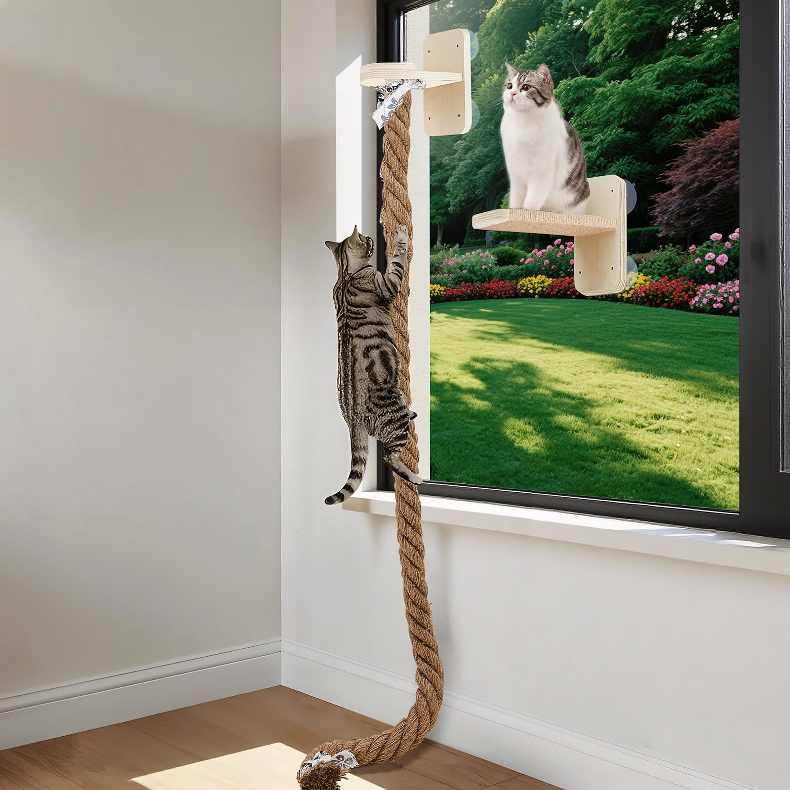 Weysat Cat Climbing Rope 2 Pcs Window Perch with 59.1 Inch Climbing Rope Wall Mounted Cat Tree Tower Toy with Scratching Post Kitten Ladder Jumping Platform Wall Steps for Playing and Rest