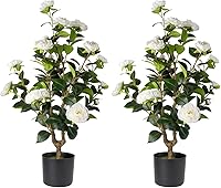 Datietiao Artificial Camellia Tree 2 Pack - Realistic Faux Camellia Plants with White Flowers in Pots, Lifelike Greenery for Indoor Outdoor Home Patio Wedding Decor