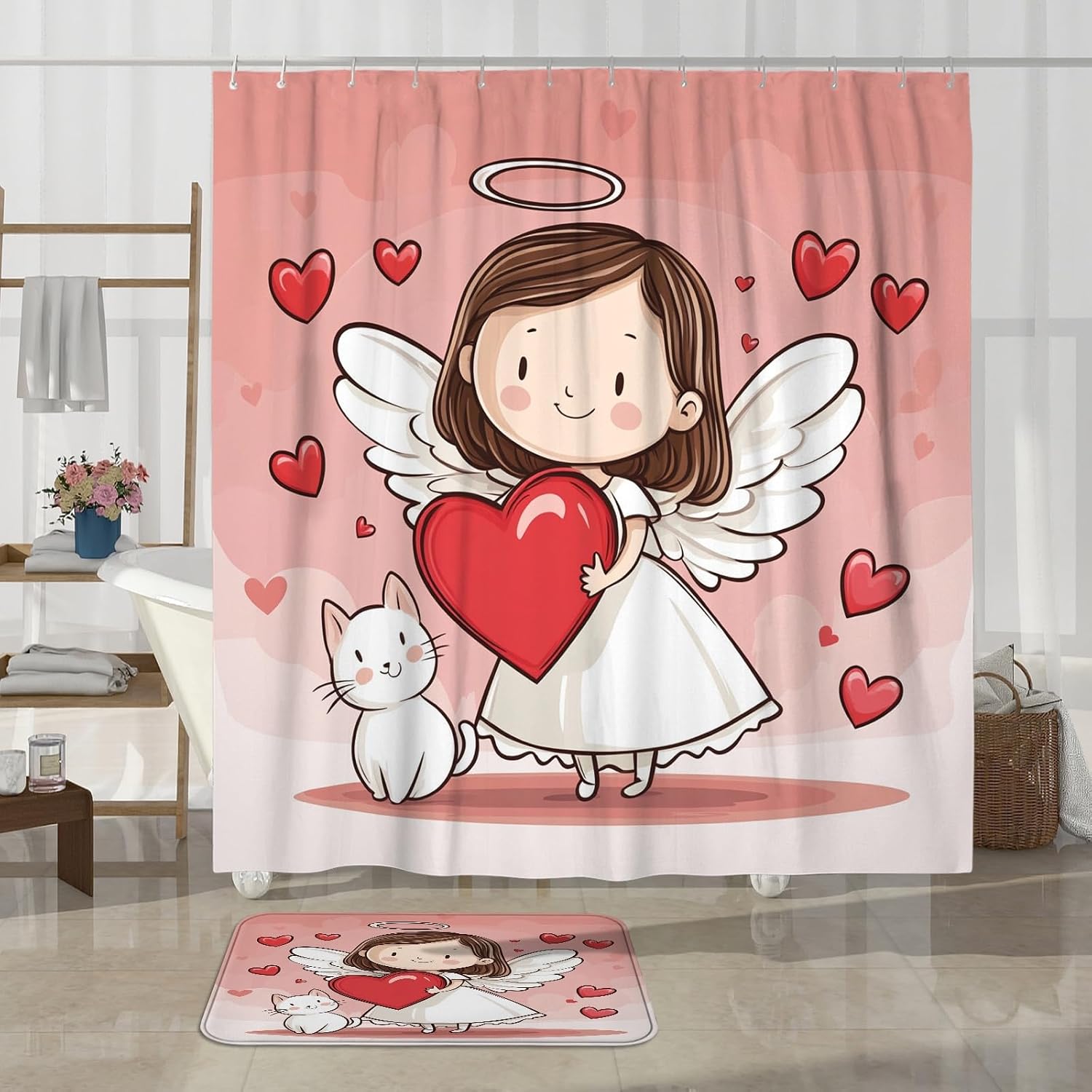 4PCS Cartoon Valentine's Day Angel Bathroom Accessory Sets with Non-Slip Rug, U Shape and Toilet Lid Cover Mat, Cute Romantic Love Heart Bathroom Decorative-72''x72''